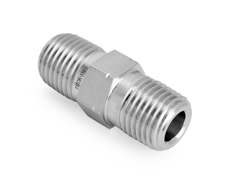 316 SS, FITOK 6 Series Pipe Fitting, Hex Nipple, 1/2 Male NPT × 1/2 Male ISO Tapered Thread(RT)