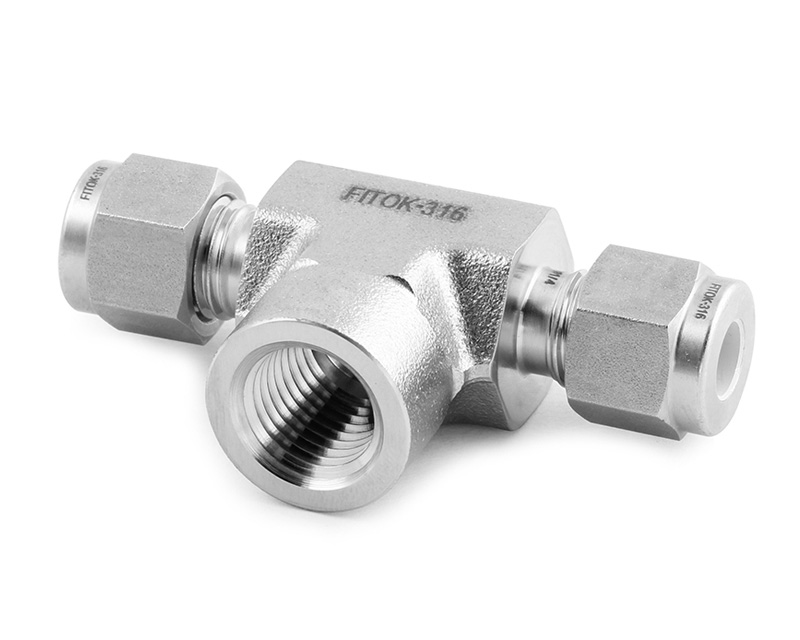 316 SS, FITOK 6 Series Tube Fitting, Female Branch Tee, 12mm O.D. × 12mm O.D. × 1/4 Female NPT