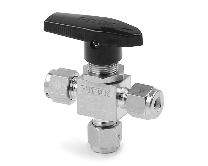 316 SS, BO Series Ball Valve, One-piece Instrumentation, PTFE Seats, 3/8&quot; Tube Fitting, 1500psig(103bar), -20°F to 300°F(-28°C to 148°C), 0.28&quot; Orifice, 3-way
