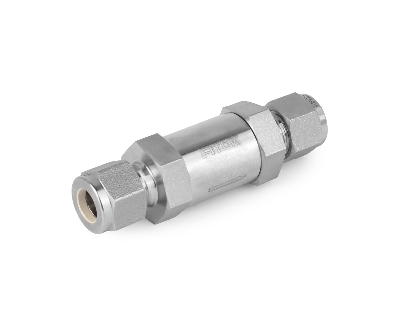 316 SS, CV Series Check Valve, 1/8&quot; Tube Fitting, Fluorocarbon FKM O-Ring, 3000psig(207bar), -10°F to 375°F(-23°C to 190°C), Fixed Cracking Pressure 1/3psig(0.02bar)