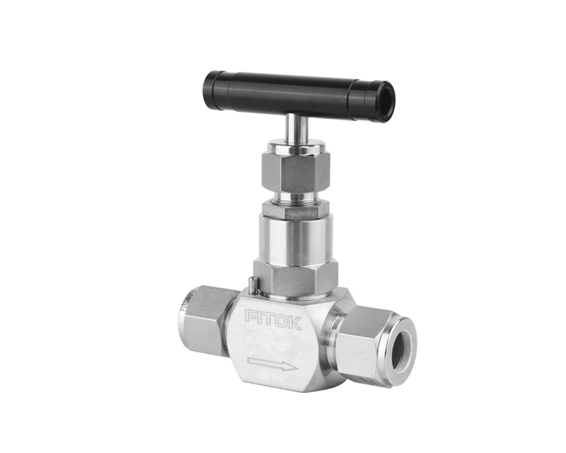 Needle Valve, Body: 316SS, MWP: 6,000psig, Packing: PTFE, Conn.: 1/2in. x 1/2in. Tube OD, 2-Ferrule, Orifice:10mm, Cv:2.18, Black Al T-bar Handle