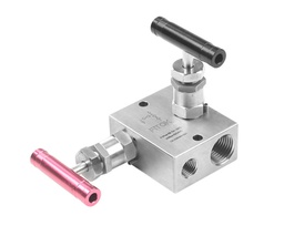 [2RSS-FNS8-V] 316 SS, 2R Series 2-valve Instrumentation Manifolds, Remote Mount, 1/2 Female NPT × 1/2 Female NPT × 1/4 Female NPT, PTFE Packing, 6000psig(414bar), -65°F to 450°F(-54°C to 232°C), Valves Vertically Mounted